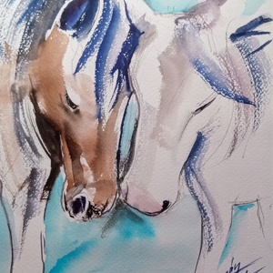  Együttlétben EREDETI akvarell festmény, lovak, ló, barátság, szerelem - Meska.hu