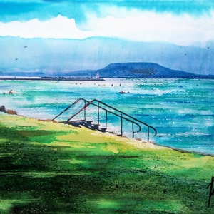 Balaton, Strand, Badacsony,balatoni akvarell, Vitorlás, Vitorlázás, Művészet, Grafika & Illusztráció, Művészi nyomat, Festészet, Fotó, grafika, rajz, illusztráció, MESKA