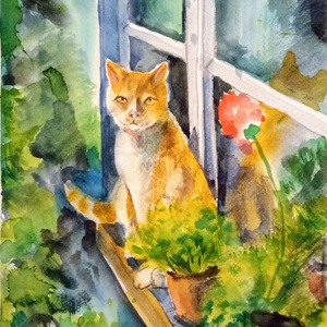 Nagymama cicája Akvarell festmény, macska, cica, cicák, barátság, szerelem - Meska.hu