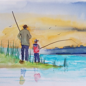 Apával a horgászat  Eredeti akvarell festmény, erdő, horgászat, horgász, horgászbot  - Meska.hu