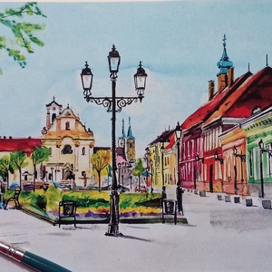 Vác, Március 15 tér, Váci akvarell  - művészet - grafika & illusztráció - művészi nyomat - Meska.hu