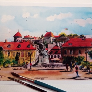 Eger, Dobó István tér  akvarell festmény, Budapest,ősz, Művészet, Festmény, Akvarell, Fotó, grafika, rajz, illusztráció, Festészet, MESKA