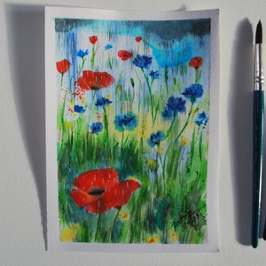 Pipacsos nyári zápor Eredeti akvarell festmény, Művészet, Festmény, Akvarell, Festészet, Fotó, grafika, rajz, illusztráció, MESKA