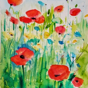 Búzavirágos pipacs mező, akvarell festmény, Művészet, Festmény, Akvarell, Fotó, grafika, rajz, illusztráció, Festészet, MESKA