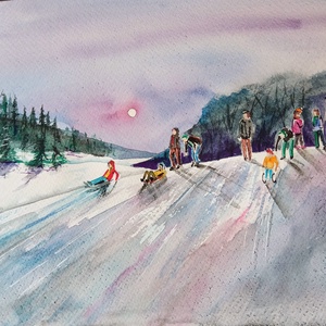 Téli hangulat akvarell festmény, karácsony, tájkép, Karácsony, Karácsonyi lakásdekoráció, Karácsonyi lakásdíszek, Fotó, grafika, rajz, illusztráció, Festészet, MESKA