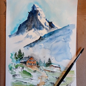 Matterhorn Eredeti akvarell festmény, svájc, alpok, Művészet, Grafika & Illusztráció, Művészi nyomat, Festészet, Fotó, grafika, rajz, illusztráció, MESKA