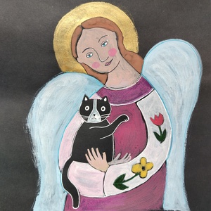 Cicás angyal Festett grafika, Macska - Meska.hu