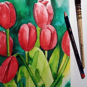 Tulipánok, eredeti akvarell festmény, Tulipán festmény - művészet - festmény - akvarell - Meska.hu
