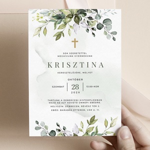 Keresztelő Meghívó, Zöld leveles, Greenery meghívó, Keresztelkedés, Keresztelő Meghívó, Keresztelőre Meghívó, Otthon & Életmód, Papír, írószer, Meghívó, Ajándékozás kellékei, Fotó, grafika, rajz, illusztráció, MESKA