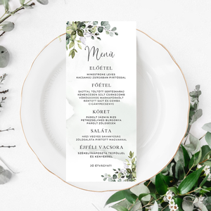 Zöld leveles Esküvői Menü, Eskűvő Étlap, Menü, Esküvő Étlap, Esküvői Asztal, Zöld Étlap, Itallap, Greenery Menü, Esküvő, Meghívó & Kártya, Menü, Fotó, grafika, rajz, illusztráció, MESKA