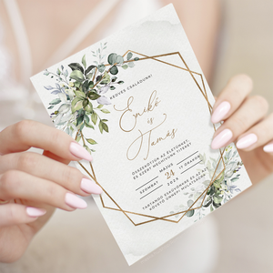 Geometrikus esküvői meghívó, Zöld leveles esküvői meghívó, Greenery Gold Esküvői Meghívó, Arany meghívó esküvőre, , Esküvő, Meghívó & Kártya, Meghívó, Fotó, grafika, rajz, illusztráció, MESKA