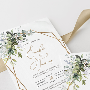 Geometrikus esküvői meghívó, Zöld leveles esküvői meghívó, Greenery Gold Esküvői Meghívó, Arany meghívó esküvőre,  - esküvő - meghívó & kártya - meghívó - Meska.hu