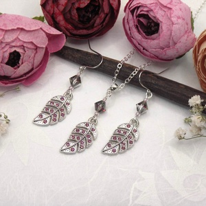 Swarovski gyöngyös és lila cirkóniás levelekből készült ezüst nyaklánc és fülbevaló szett - Velvetine, Ékszer, Ékszerszett, Ékszerkészítés, MESKA