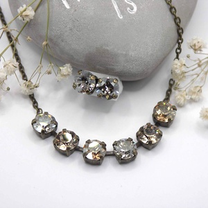 Ezüstös-barnás színű Swarovski kristályokkal készült antik bronz nyaklánc és fülbevaló szett - Hamvas csillogás, Ékszer, Ékszerszett, Ékszerkészítés, MESKA