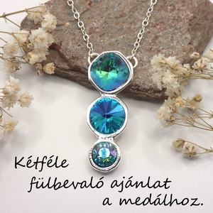 Kékes-zöldes, Swarovski kristályokkal díszített, egyedi készítésú medál láncon, ezüst színben, Ékszer, Ékszerszett, Ékszerkészítés, MESKA