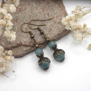 Fülbevaló aquamarine ásványgyöngyökből bronz színben - ékszer - fülbevaló - lógó fülbevaló - Meska.hu
