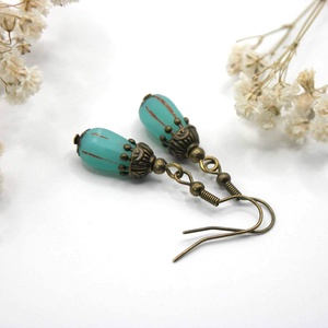 Fülbevaló bronzosan csíkozott, türkiz színű, csepp formájú, cseh üveggyöngyből, Ékszer, Fülbevaló, Lógó fülbevaló, Ékszerkészítés, MESKA