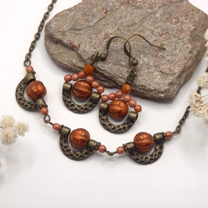 Nyaklánc és fülbevaló szett foltos sütőtöksárga cseh üveggöngyökből, félköríves formákban  Pumpkin Spice - ékszer - ékszerszett - Meska.hu