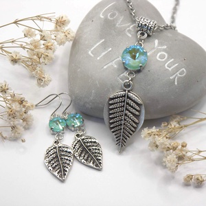 Ékszerszett mentolos-türkizes színű Swarovski kristályokkal, páfrányleveles függővel, Ékszer, Ékszerszett, Ékszerkészítés, MESKA