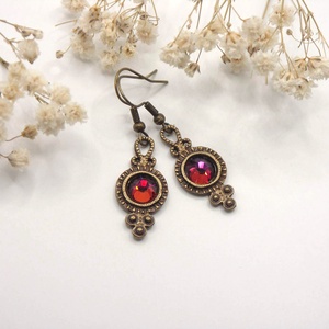 Narancsos-bíbor színű Preciosa kristályokkal készült antik bronz fülbevaló, akár szettben is, nyaklánccal - ékszer - fülbevaló - lógó fülbevaló - Meska.hu