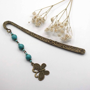 AJÁNDÉK csomagolás! Antik bronz, viragos-indás könyvjelző türkinit ásványgyöngyökkel, lepke függővel � Boglárka, Könyv & Zene, Könyvjelző, Ékszerkészítés, MESKA