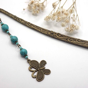 AJÁNDÉK csomagolás! Antik bronz, viragos-indás könyvjelző türkinit ásványgyöngyökkel, lepke függővel � Boglárka - könyv & zene - könyvjelző - Meska.hu