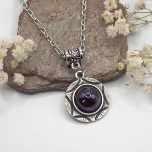 Sötétlila, foltos cseh üvegkabosonnal díszített antik ezüst medál láncon - Neptunusz, Ékszer, Nyaklánc, Medálos nyaklánc, Ékszerkészítés, MESKA