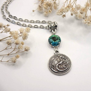 Tibeti ezüst sárkány medálos nyaklánc, kékes-zöld színű Swarovski kristállyal - Draco - ékszer - nyaklánc - medálos nyaklánc - Meska.hu