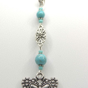 AJÁNDÉK csomagolás! Ezüst színű, virágmintás könyvjelző türkizkék ásványgyöngyökkel, lepke függővel � Pávaszem - könyv & zene - könyvjelző - Meska.hu