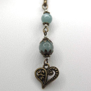 AJÁNDÉK csomagolás! Antik bronz, toll alakú könyvjelző aquamarine ásványgyöngyökkel, szív alakú függővel � Amour - könyv & zene - könyvjelző - Meska.hu