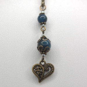AJÁNDÉK csomagolás!  Antik bronz, toll alakú könyvjelző sötétkék apatit ásványgyöngyökkel, szív alakú függővel � Amar - könyv & zene - könyvjelző - Meska.hu
