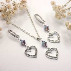 Ametiszt színű Swarovski gyönggyel és cirkóniaköves szív függővel készült fülbevaló és nyaklánc szett - ékszer - ékszerszett - Meska.hu