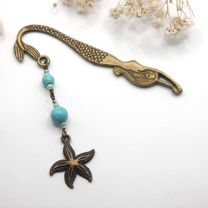 AJÁNDÉK dobozka! Antik bronz, sellő alakú könyvjelző türkinit ásványgyöngyökkel, tengeri csillag függővel � Nyári emlék, Könyv & Zene, Könyvjelző, Ékszerkészítés, Mindenmás, MESKA