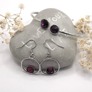 Nemesacél karkötő és fülbevaló szett sötét-ametiszt Swarovski kristályokkal - Ametra - ékszer - ékszerszett - Meska.hu