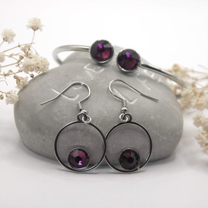 Nemesacél karkötő és fülbevaló szett sötét-ametiszt Swarovski kristályokkal - Ametra - Meska.hu