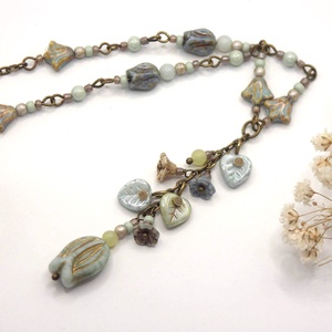 Tulipános nyaklánc arany csíkos világoskék-menta színű üveggyöngyből � Aquarell - Meska.hu