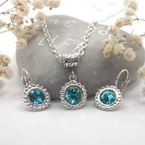 Tengerkék színű Swarovski kristályos nyaklánc és fülbevaló szett - Aquamaris - ékszer - fülbevaló - lógós kerek fülbevaló - Meska.hu