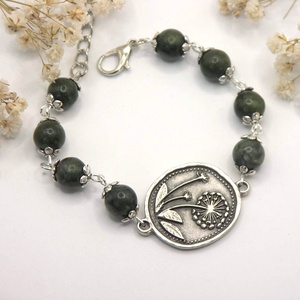 Karkötő zöld jáspis ásványgyöngyökből és pitypang mintás összekötőből - Harmatcsepp, Ékszer, Karkötő, Ásványkarkötő, Ékszerkészítés, MESKA