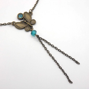 Antik bronz lepke medál apró, lagúnakék Swarovski gyöngyökkel - Papilio - ékszer - nyaklánc - medálos nyaklánc - Meska.hu