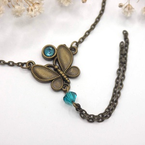 Antik bronz lepke medál apró, lagúnakék Swarovski gyöngyökkel - Papilio - ékszer - nyaklánc - medálos nyaklánc - Meska.hu