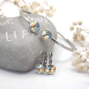 Nemesacél karkötő és fülbevaló szett csillogó, tiszta árnyalatú Swarovski kristályokkal - Glint - ékszer - ékszerszett - Meska.hu