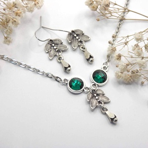 Antik ezüst, leveles ékszerszett smargadzöld Preciosa kristállyal - Glenna, Ékszer, Ékszerszett, Ékszerkészítés, MESKA