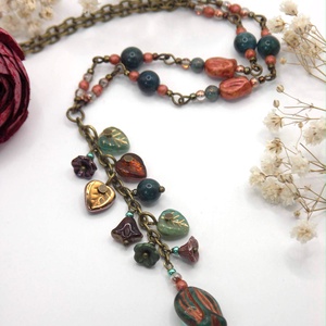 Tulipános nyaklánc vörösrézzel színezett, smaragdzöld színű üveggyöngyből � Veronka - ékszer - nyaklánc - y nyaklánc - Meska.hu