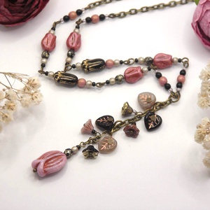 Tulipános nyaklánc rézzel színezett, rózsaszín üveggyöngyből � Rosénoir, Ékszer, Nyaklánc, Gyöngyös nyaklánc, Ékszerkészítés, MESKA