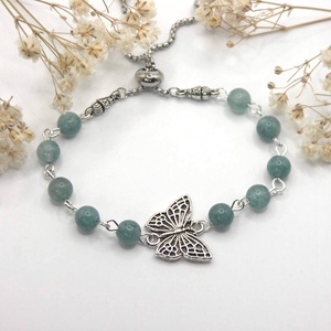 Aquamarine ásványgyöngyökből készült állítható méretű karkötő és fülbevaló szett - Aqua Papilio - ékszer - ékszerszett - Meska.hu