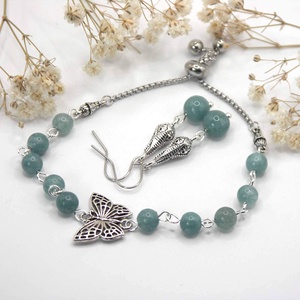 Aquamarine ásványgyöngyökből készült állítható méretű karkötő és fülbevaló szett - Aqua Papilio, Ékszer, Ékszerszett, Ékszerkészítés, Mindenmás, MESKA