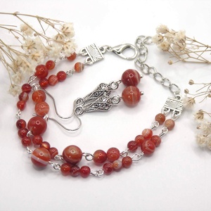 Narancs karneol ásványgyöngyökből készült kétsoros karkötő és fülbevaló szett - Sunlit, Ékszer, Ékszerszett, Ékszerkészítés, MESKA