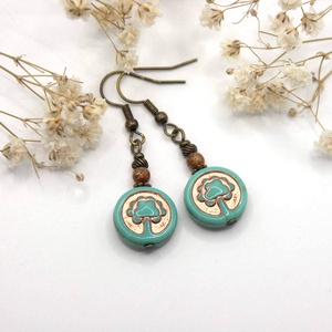 Fülbevaló türkizkék, életfát ábrázoló table cut üveggyöngyből � Körforgás, Ékszer, Fülbevaló, Lógós kerek fülbevaló, Ékszerkészítés, MESKA