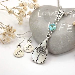Ezüst színű, csepp alakú, pitypangos medál zöldes-türkiz Swarovski kristállyal, fülbevalóval - Dandy - ékszer - ékszerszett - Meska.hu