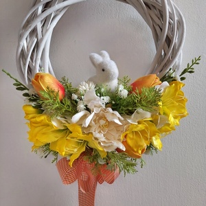 Virágos, tavaszi ajtókopogtató, kivehető nyuszi figurával-ajándékba is  - otthon & életmód - dekoráció - ajtó- és ablak dekoráció - ajtódísz & kopogtató - Meska.hu